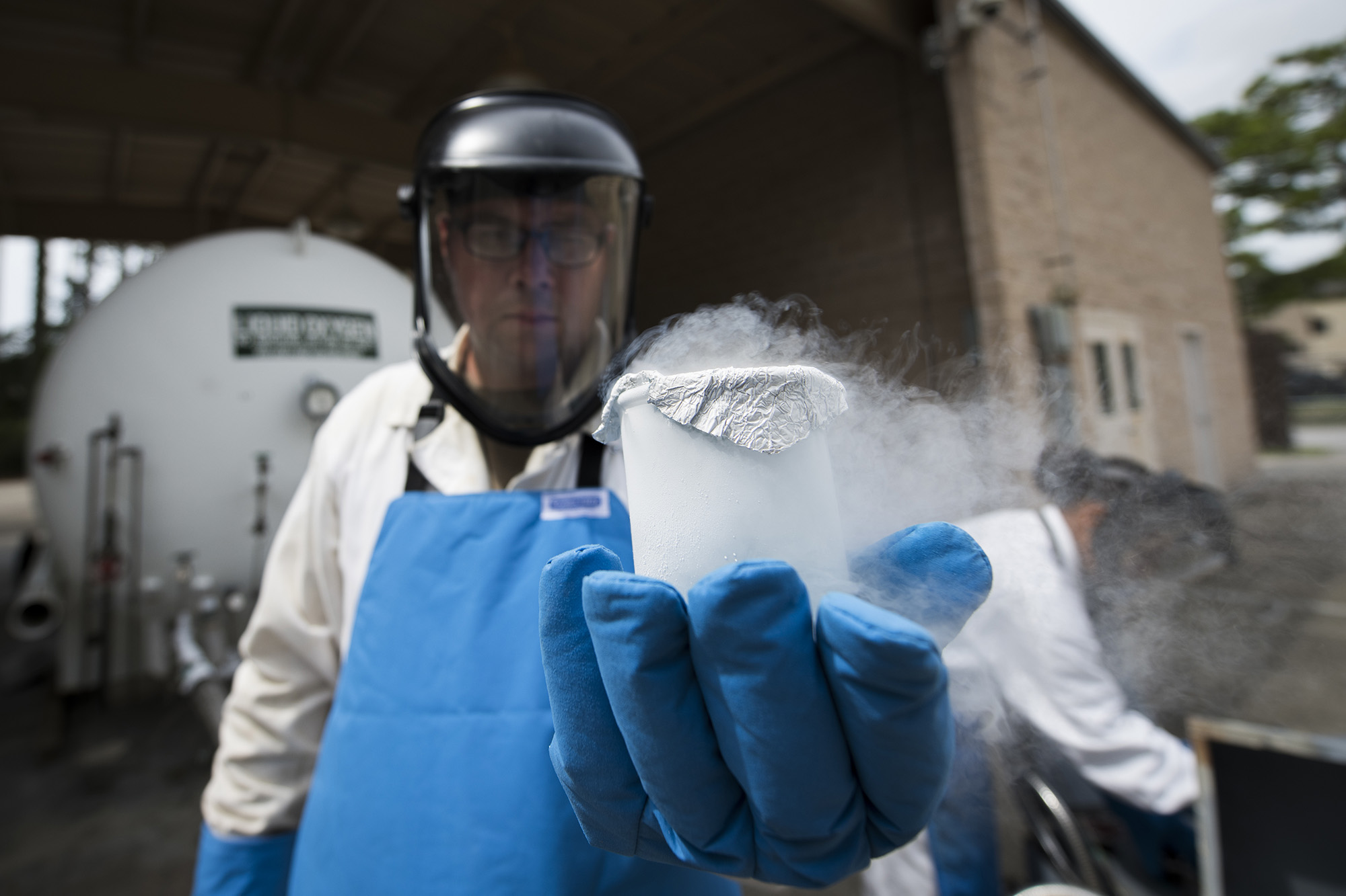 Tech. Sgt. Timothy Andrews displays a liquid-oxygen sample at Hurlburt Field, Fla., Aug. 26, 2020.