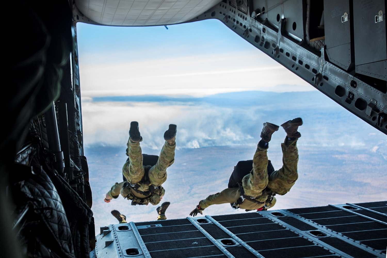 U.S. and Australian special operations forces conduct a high-altitude low-opening parachute jump from a Royal Australian Air Force C-27J Spartan on July 17, 2019, during Talisman Sabre in Queensland, Australia.