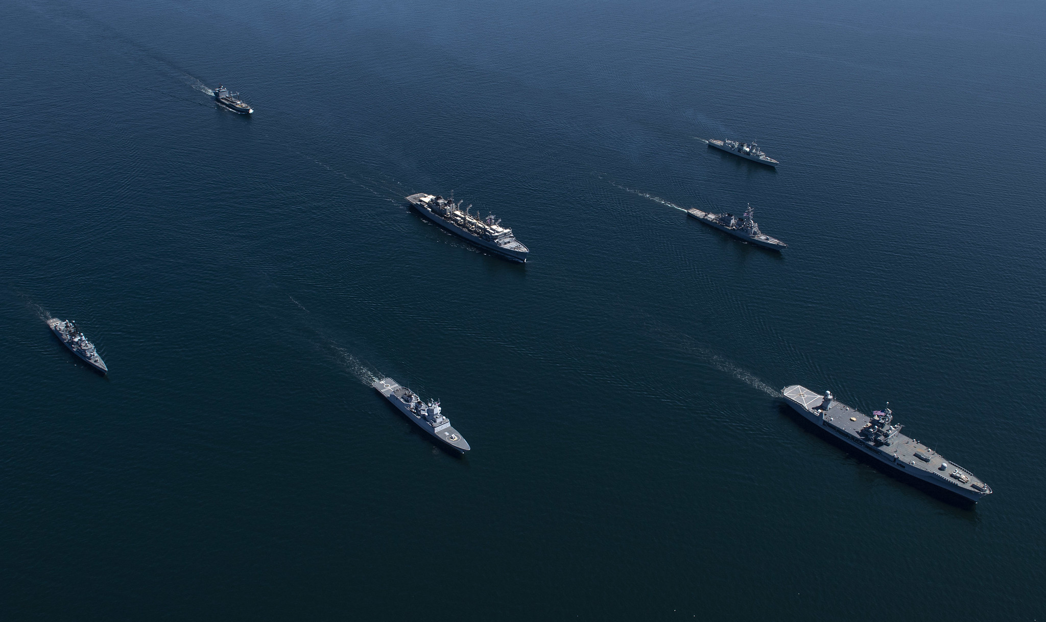 Ships from nations participating in exercise Baltic Operations (BALTOPS) 2020 sail in formation while in the Baltic Sea, June 8, 2020.