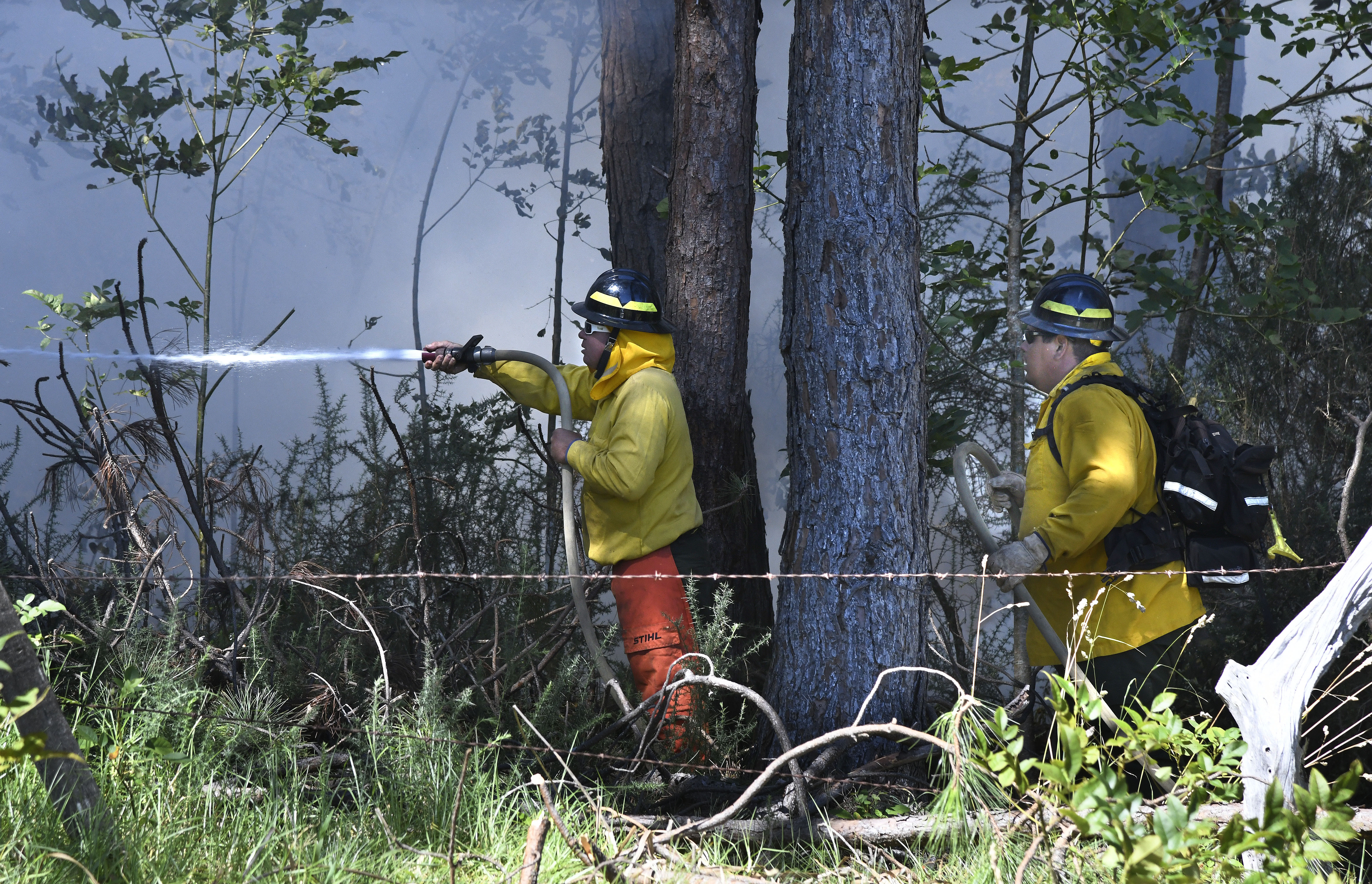 Members of a Hawaii Department of Land and Natural Resources wildland firefighting crew on Maui battle a fire in Kula, Hawaii, on Tuesday, Aug. 8, 2023.